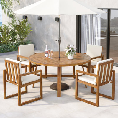 5 - Piece Outdoor Dining , Wood, 2 Inch Umbrella Hole, Removable Cushions, Water , Easy Assembly Beige Patio Of Four Armchairs With Comfortable Round Table Frame For Garden Enjoyment