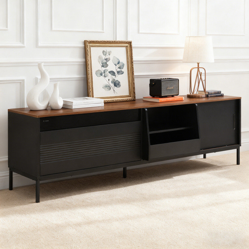 70.8" Modern TV Stand With Sliding Doors & Metal Frame, Mid-Century Media Console For Up To 75 Inch Tvs, Entertainment Center