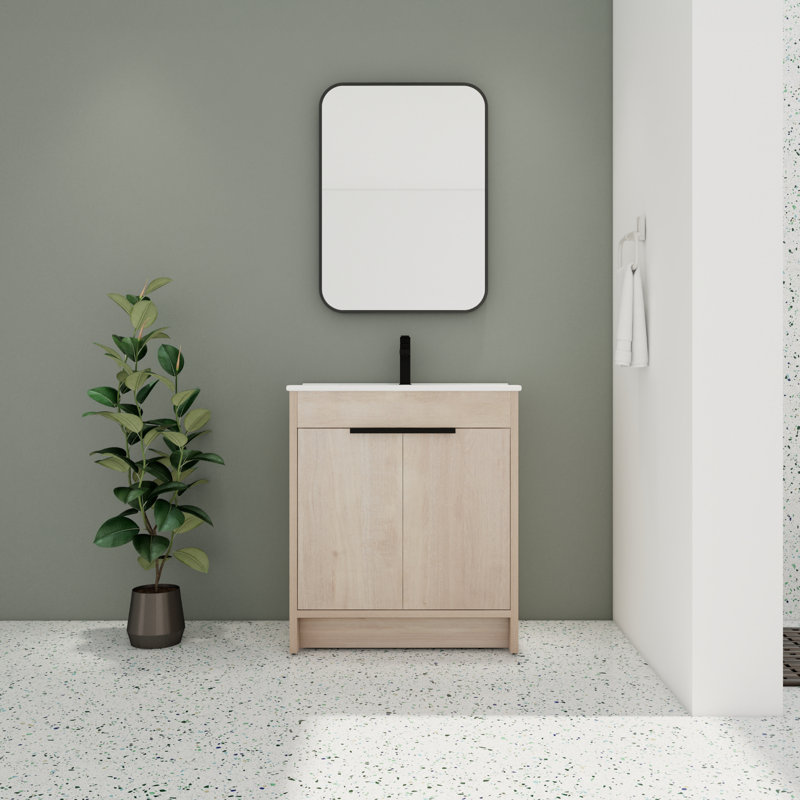30'' Single Bathroom Vanity with Ceramic Top, Lightoak