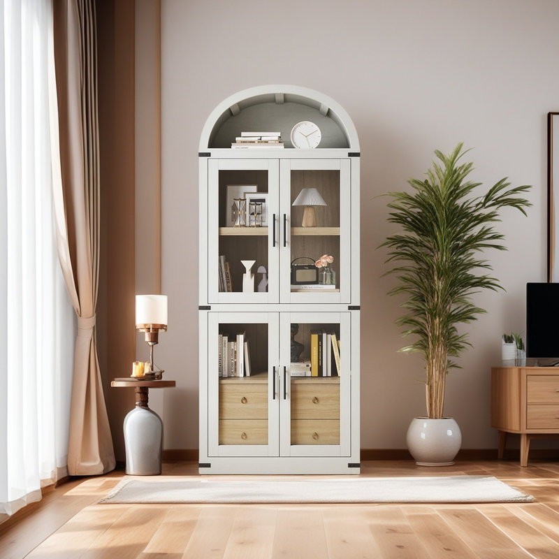 71.7 Inch Tall Arched Bookcase, Glass Door Arched Cabinet with 2 Inner Drawers, Freestanding Arched Display Storage Cabinet with Anti-Tipping Device for Living Room, Bedroom, Black