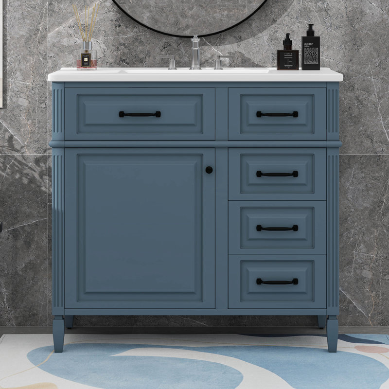 Meuble-lavabo de 36 pouces avec comptoir en céramique, tiroir rabattable et tablette réglable, Bleu gris, Noir