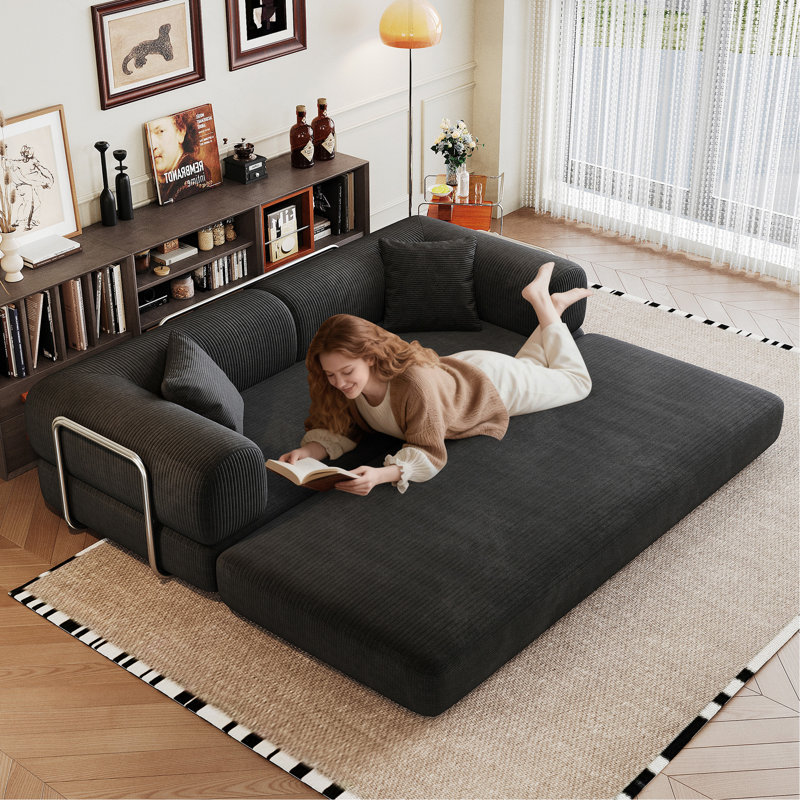 Canapé à compression de 78,8 po, canapé-lit convertible au sol avec accoudoirs avec dossier coussiné, canapé-lit futon, canapé modulaire sans accoudoirs Loveseat, tissu velours côtelé, pour le salon, la chambre à coucher, noir