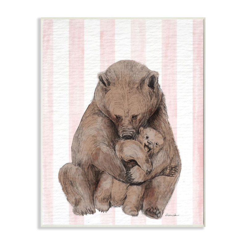 «Playful Mother Bear and Cub Stripe Nursery Illustration» par Laura Marshall - impression d'art graphique, Plaque murale