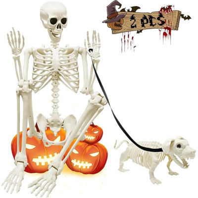 5.4Ft Posable Halloween Skeleton, Full Body Life Size Skeleton With Dog Skeleton For Halloween Spooky Party Props Decor