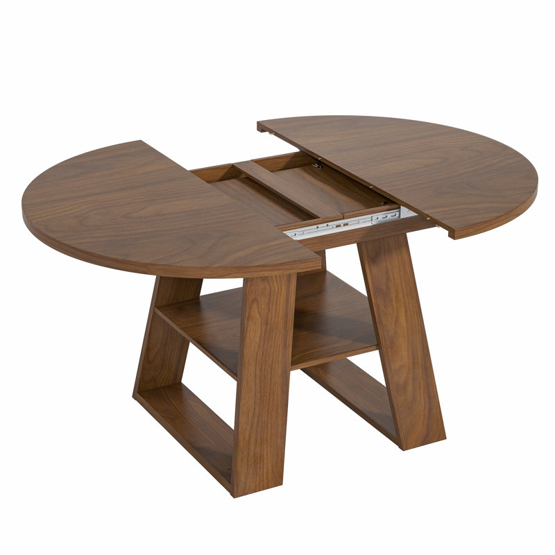 Extendable Round Dining Table For 4-8, Kitchen Table With Removable Leaves And Shelf, Walnut