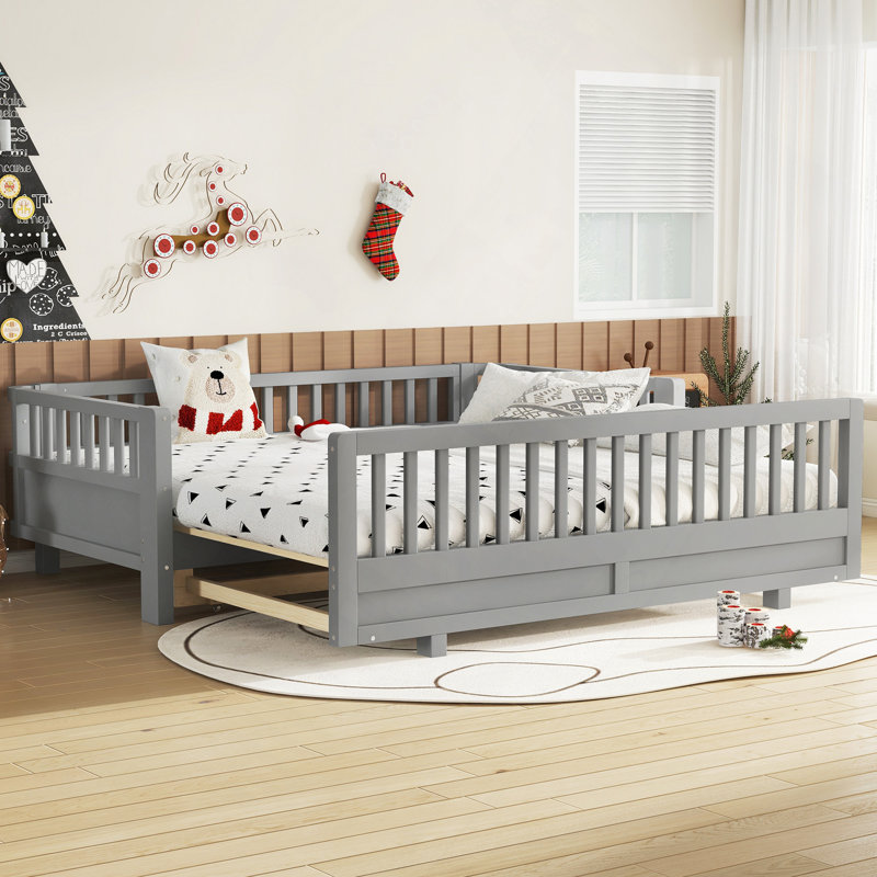 Lit plateforme avec garde-corps, structure de lit en bois massif, peut être converti en lit plateforme double, Gris