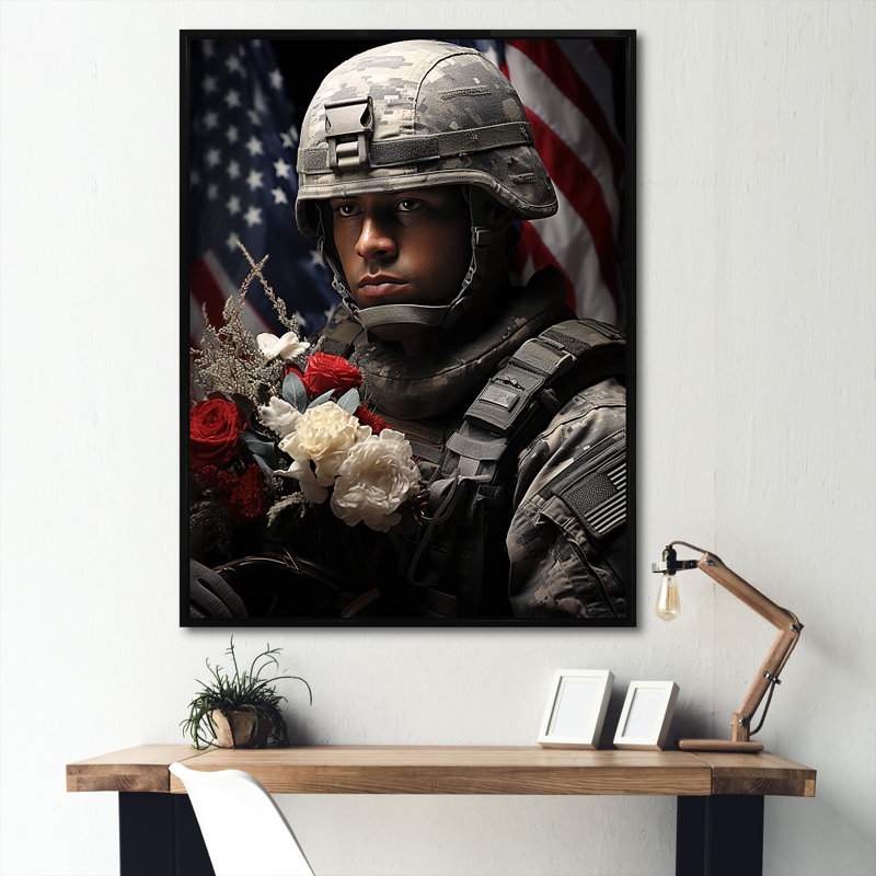 «Military Patriot Solider USA», impression sur toile, Cadre flottant noir, H 40 po x l 30 po x P 1,5 po