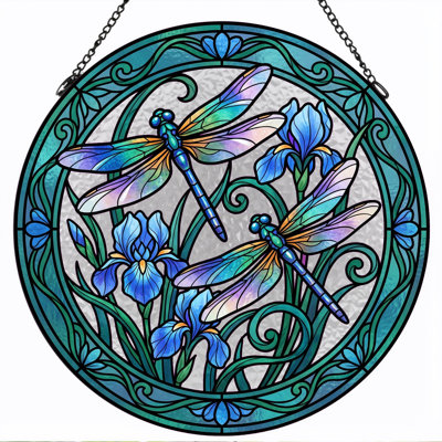 Dragonfly Iris Stained Glass Window Panel，7.8H
