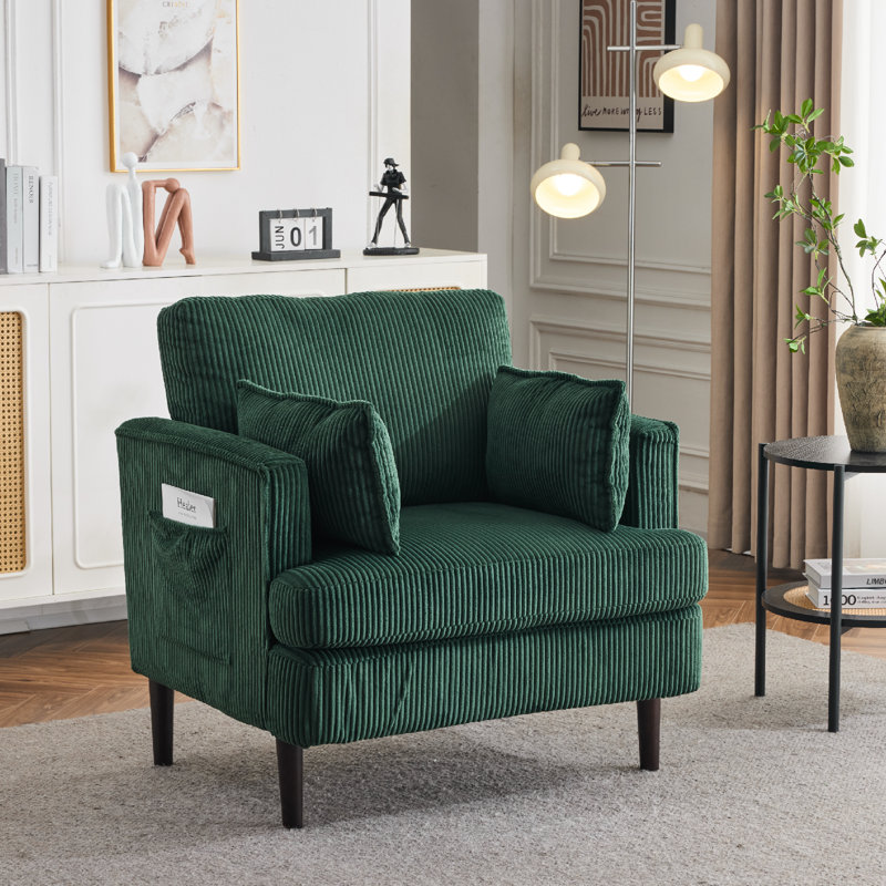 Mid-Century Modern Corduroy Barrel Accent Chair , Green Corduroy