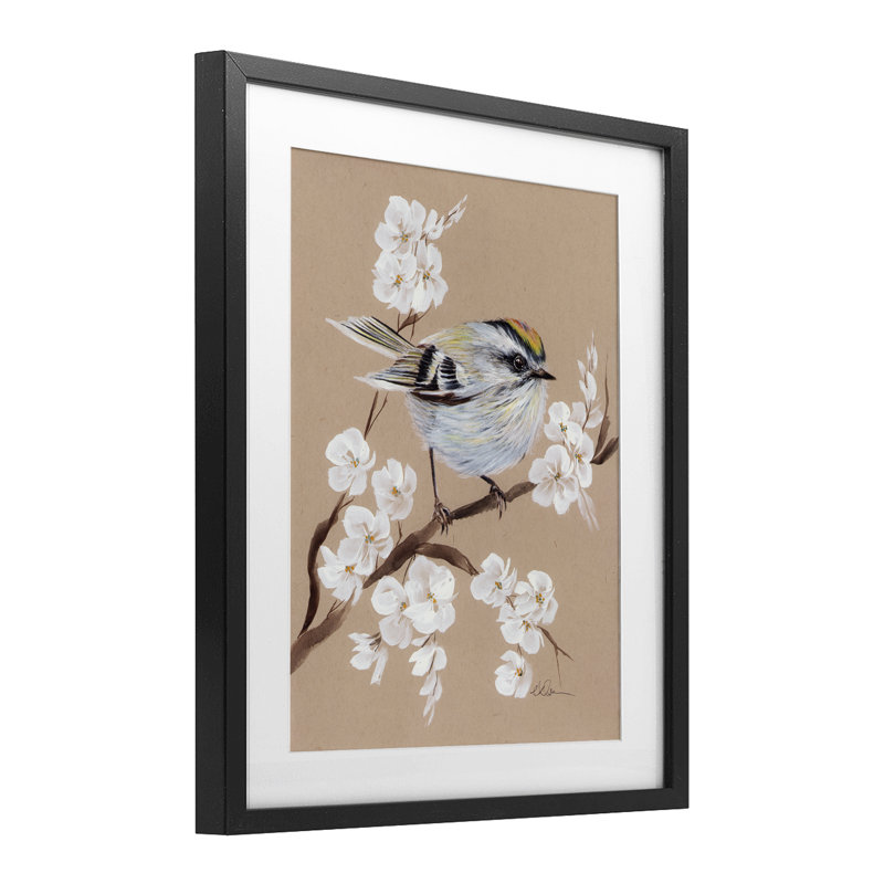 Branche de pommier en fleurs avec oiseau, reproduction sous verre, conception de Cady, Cadre noir minuit, H 16 po x l 13 po