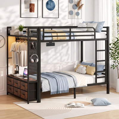 Lit superposé en métal double avec unité de rangement réversible, 6 tiroirs en tissu et station de recharge