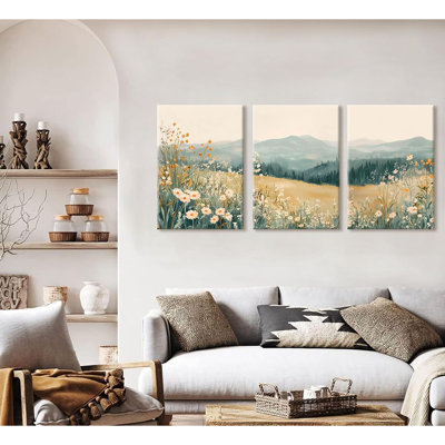 3 pièces Boho montagnes fleur toile art marguerite fleurs sauvages paysage photos murales abstraites aquarelle peinture florale vert paysage naturel affiche œuvre d'art pour le salon chambre bureau