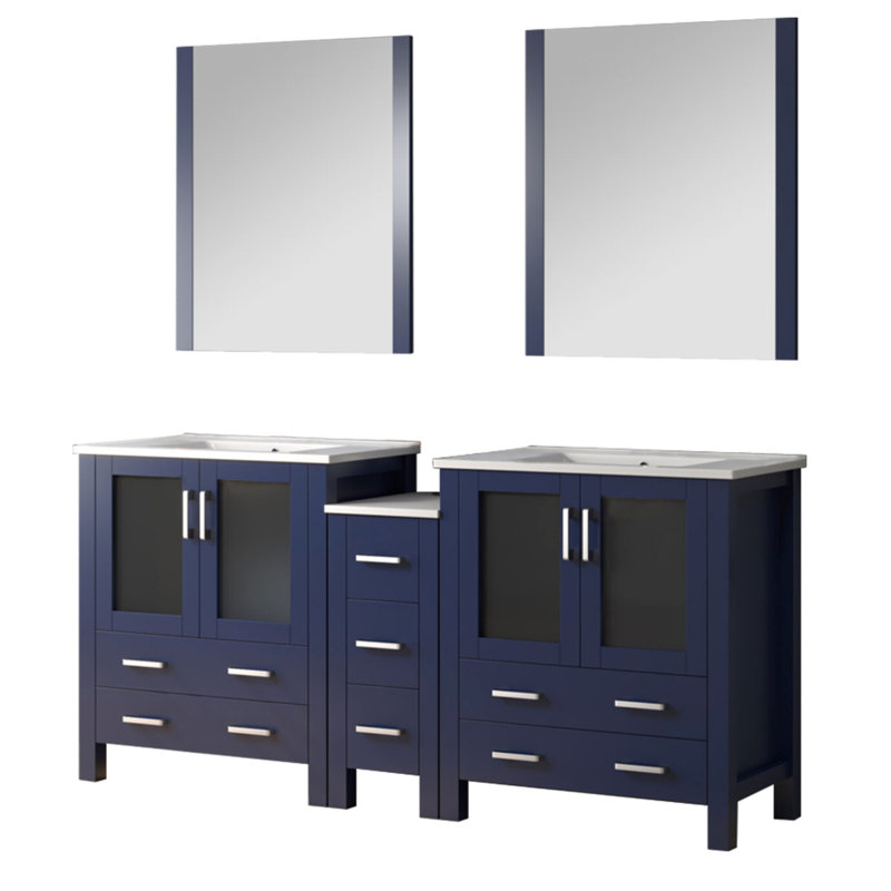 Montagu bleu marine de 72 po Montagu Meuble-lavabo double pour salle de bain, armoires latérales, comptoir en céramique, 28 miroirs, mécanisme de fermeture en douceur, salle de bain avec fermeture en bleu, deux armoires et sept tiroirs de rangement