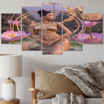 «Heavenly Glam Asian Goddess In Pink Lotus Pond», reproduction d'art sur toile - 5 panneaux