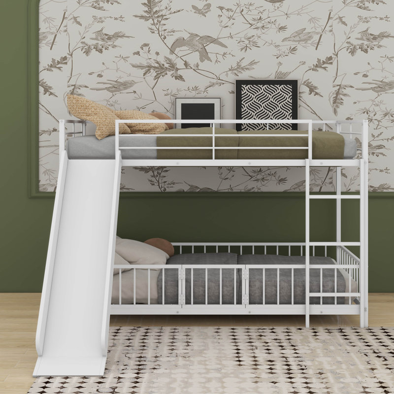 Twin Over Twin Size Metal Bunk Bed With Slide, White