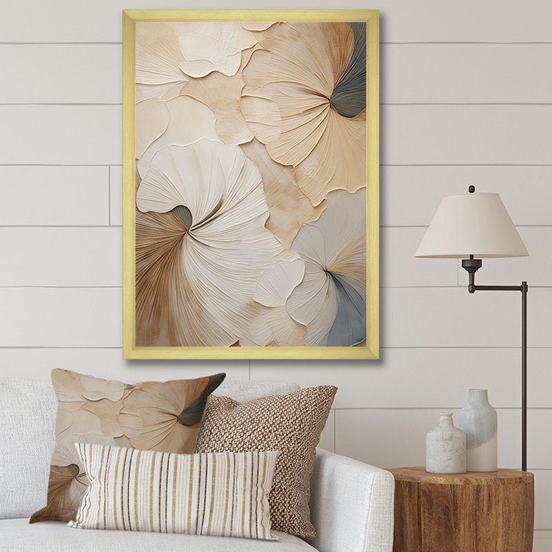 «Beige minimalisme élégance en fleurs», reproduction d'art sur toile, impression sur toile beige, H 44 po x l 34 po, Doré
