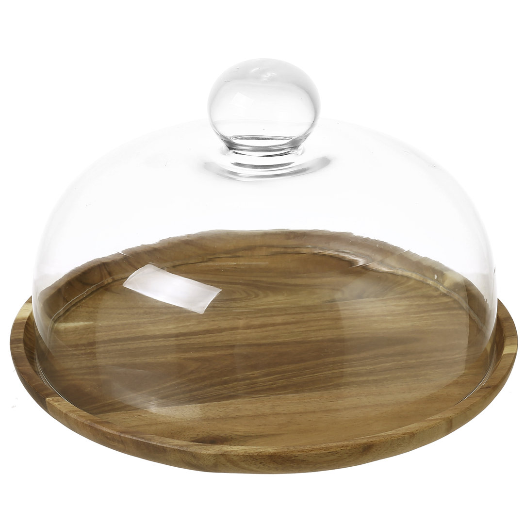 Clear Glass Cake Stand With Wood Tray Canora Grey