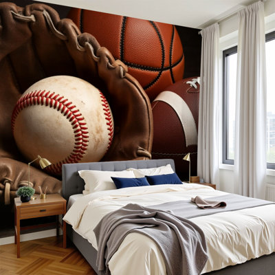 Peel and Stick Wallpaper Sports Baseball Football Basketball Glove Sports Lover Wall Murals 100"H x 144"W Removable PVC Wall Paper Self-Adhesive Wall Decor for Bedroom Living Room Home Office