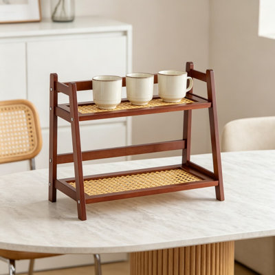 Rattan-Look Station Organizer, Bamboo 2 Tier Countertop Mug Holder Display Stand for Tea and Coffee Accessories, Kitchen Condiment Organizer for Home and Office