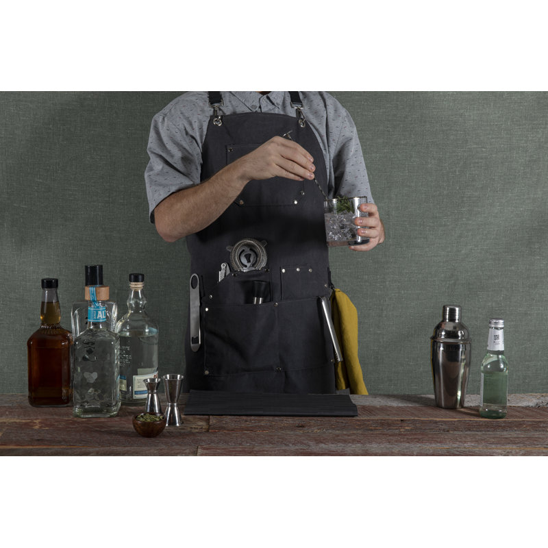 Collins Mixologist Apron Black Waxed Canvas with Corkscrew and Bottle Opener - Bartender Kit Apron - BBQ Apron