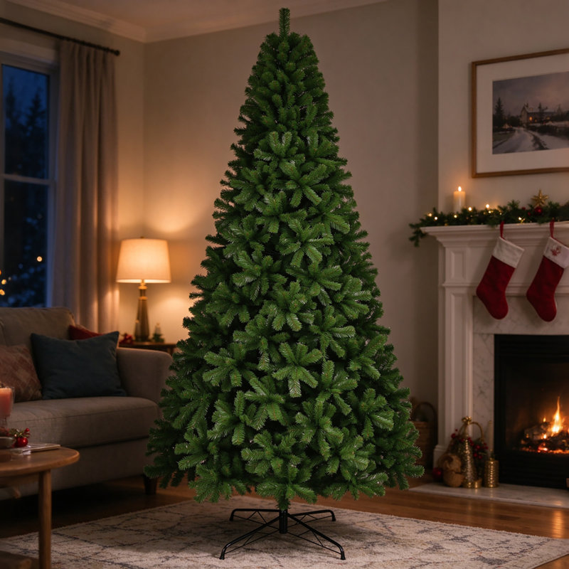 9ft / 12ft Unlit Artificial Spruce Christmas Tree, Dense PVC Branch Tips, Hinged Easy Assembly with Foldable Metal Stand