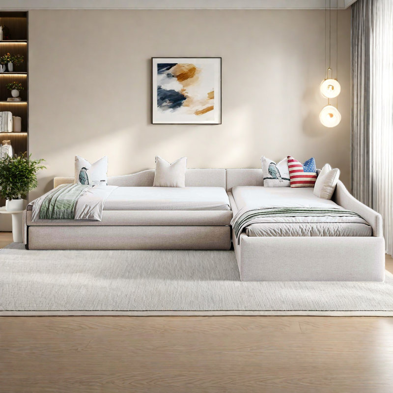 Lit de jour multifonctionnel rembourré avec lit gigogne et un tiroir, Beige
