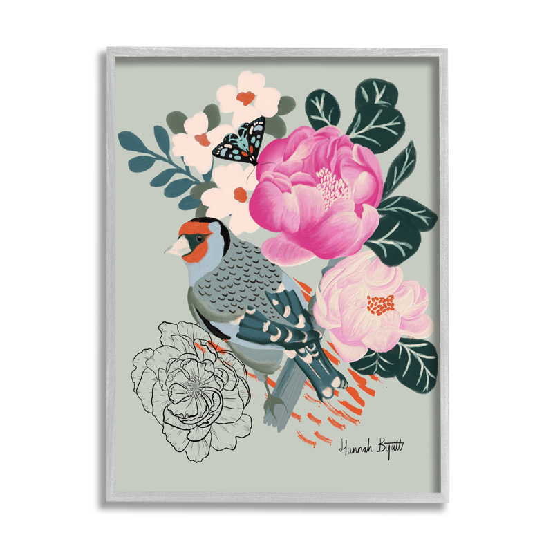 Oiseau et pivoines sur toile verte par Hannah, impression, H 14 po x l 11 po x P 1,5 po, Estampe numérique Farmhouse