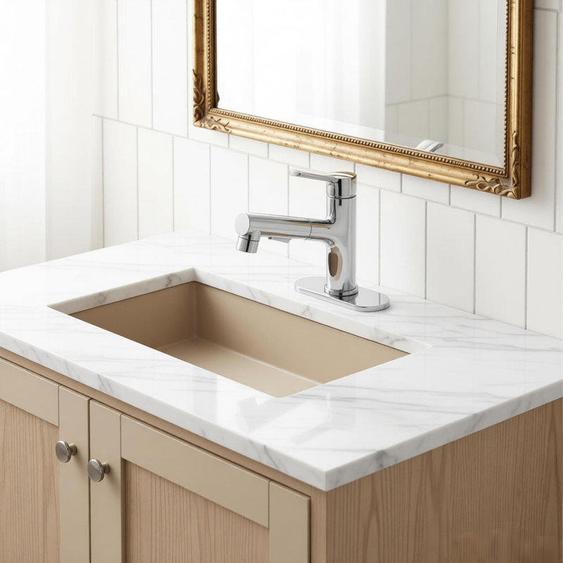 Robinet de lavabo de salle de bain avec douchette extractible, robinet de lavabo de salle de bain moderne à poignée simple avec bouchon de drain de lavabo escamotable et plaque de pont, chrome 