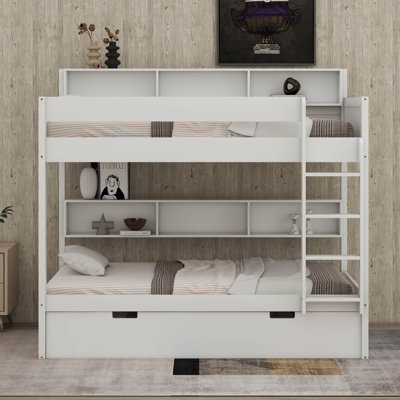 Bunk Bed Frame With Trundle And Storage Shelves, Solid Wood Floor Bunk Bed With Ladders And Guardrails