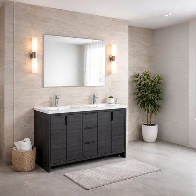 Meuble-lavabo autoportant 60 po en chêne lessivé avec plateau en résine 60 po