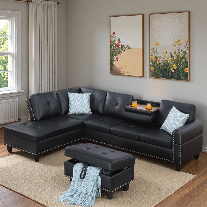 Faux Leather L - Shaped Sectional Sofa With Nailhead Trim And Cup Holders And Storage Ottoman, Black