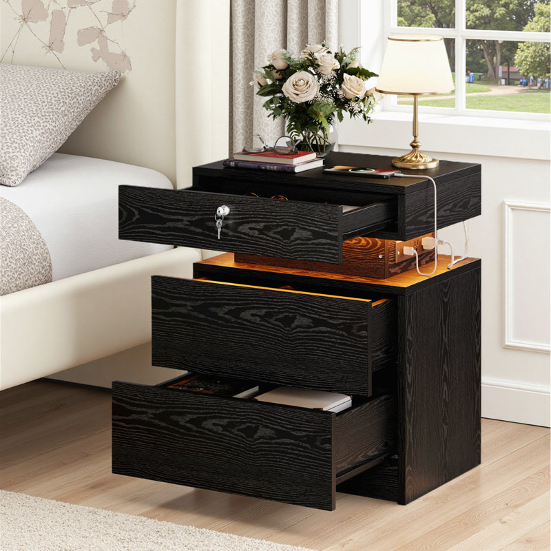 Modern 3-drawer Nightstand With Charging Station, Night Stand With Storage And Led Lights, Wood Bedside Table With Lock, Wood End Table For Bedroom