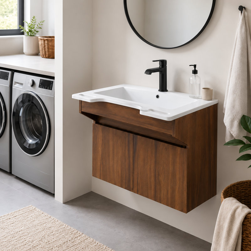 24" Resin Sink Floating Bathroom Vanity with Recessed Cabinet, Side Grips & Soft-Close Doors, Walnut, 24