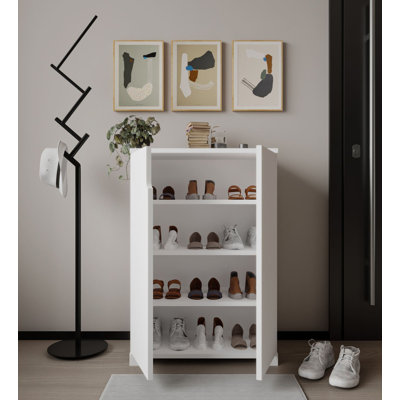 Armoire à chaussures moderne avec de nombreuses tablettes, blanc, 23,6 po x 38,2 po x 13,4 po | Panneau de particules 100% mélaminé, pieds en plastique, fixation murale, capacité de tablette de 66,1 lb | Solution de rangement élégante et fonctionnelle pour tout vestibule