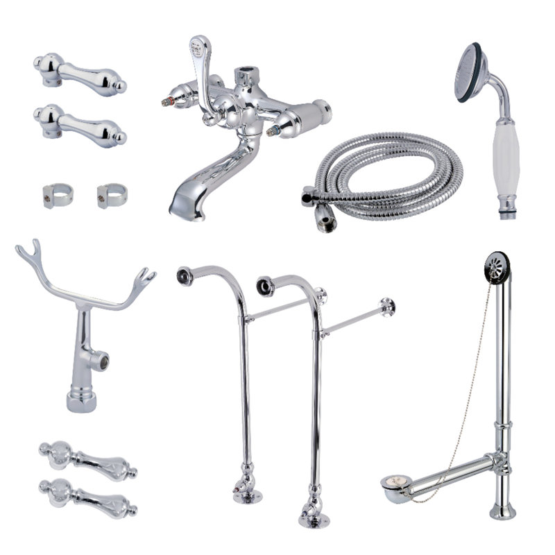 Kingston Brass Vintage Three-Handle 2-Hole Freestanding Clawfoot Tub Faucet Package with Supply Line, Hand Shower and Tub Drain