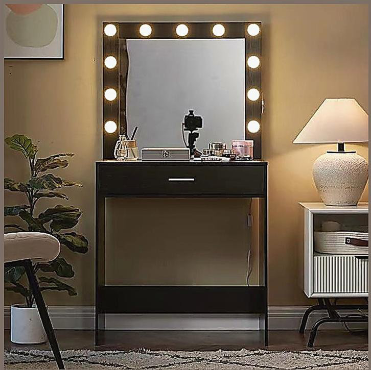 Vanity Desk with Mirror and Lights, Dressing Table with Large Drawer, 1 Level Storage Dresser & 3 Lighting Modes Adjustable Brightness, Suitable for Bedroom(Black)