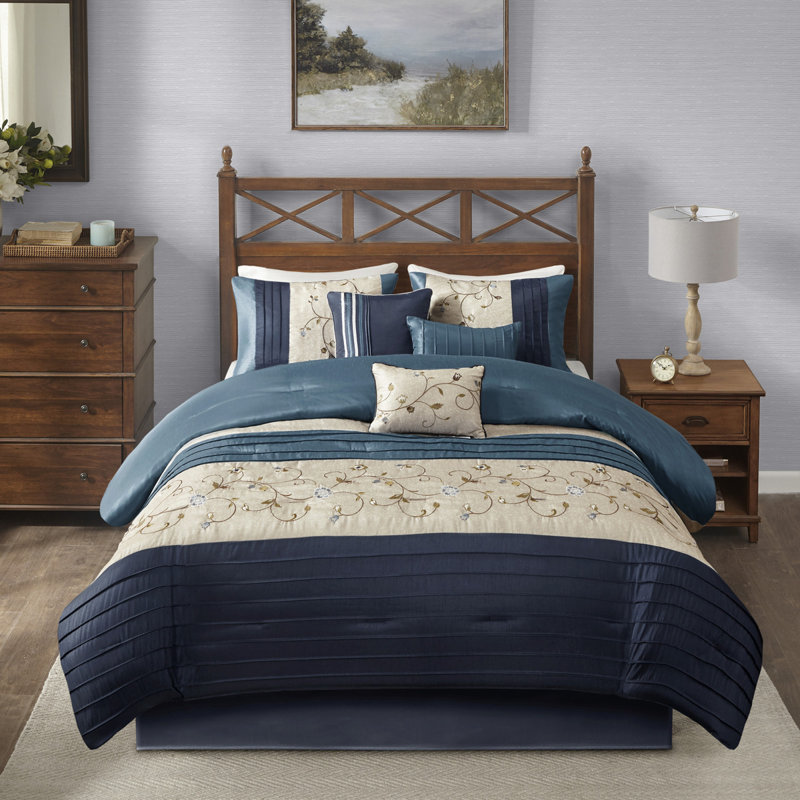 Ensemble d'édredon brodé bleu marine - Ensemble de literie de luxe 7 pièces