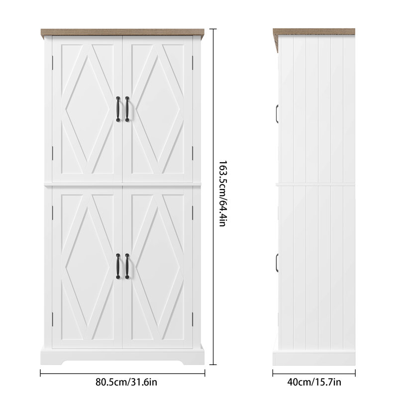 Armoire de salle de bain autoportante en bois de style campagnard 63,5 po Rocher avec 4 portes, armoire de rangement en bois avec tablettes réglables, blanc