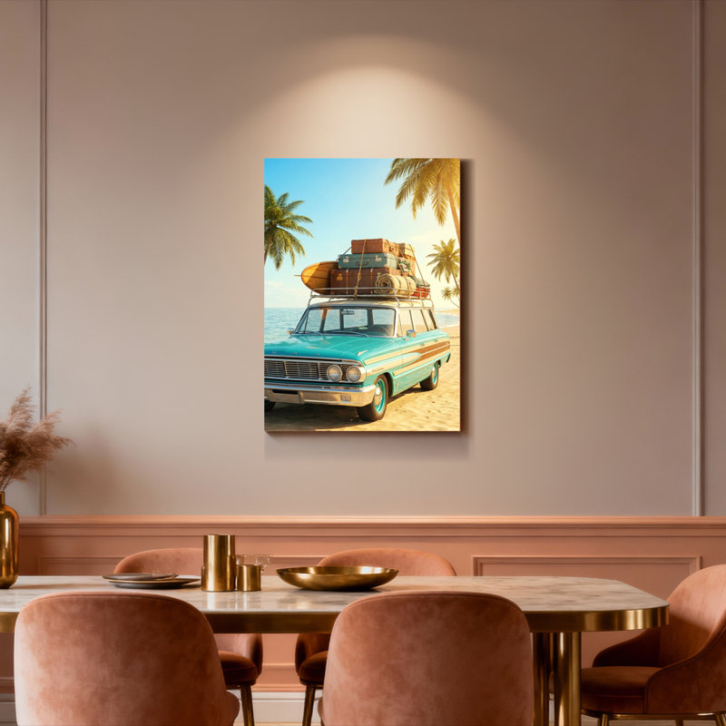Ensemble de 1 tableau sur toile tendue représentant une scène de plage avec une voiture d'époque, H 40 po x l 28 po