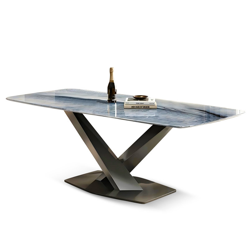 Table de salle à manger moderne en pierre supercristalline avec base en métal en forme de X