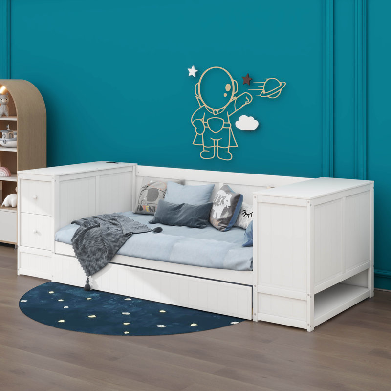 Lit de jour simple avec accoudoirs de rangement, lit gigogne et station de charge, Blanc