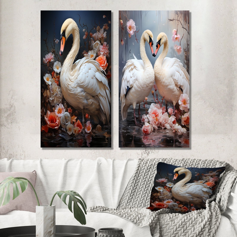 Ensemble de 2 décorations murales roses et blanches Swan Seran II - cygnes, Toile tendue, H 40 po x l 41 po