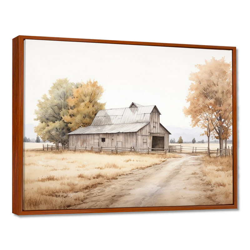 Paysage de grange, minimalisme, paysage - art mural de grange, H 30 po x l 40 po x P 1,5 po, Cadre flottant brun