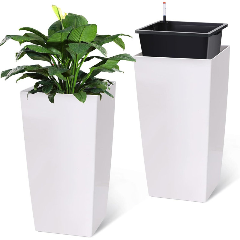 30 Inch Tall Rectangular Planters Set of 2, with Drainage Holes&Water Level Monitor&Wheels, White