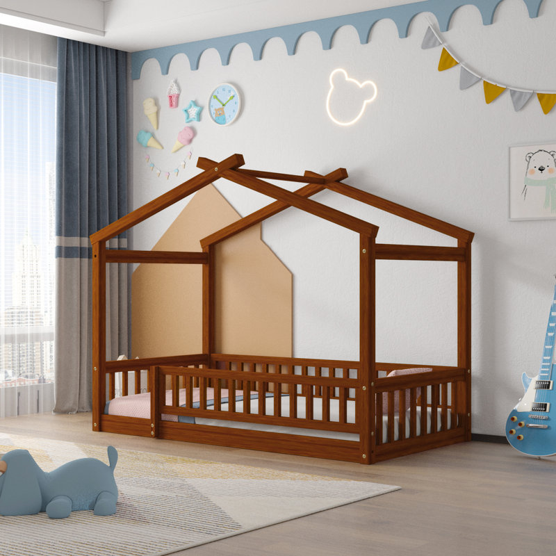 Wooden Playhouse Bed Frame With Roof And Fence For Kids & Teens, Walnut, Twin