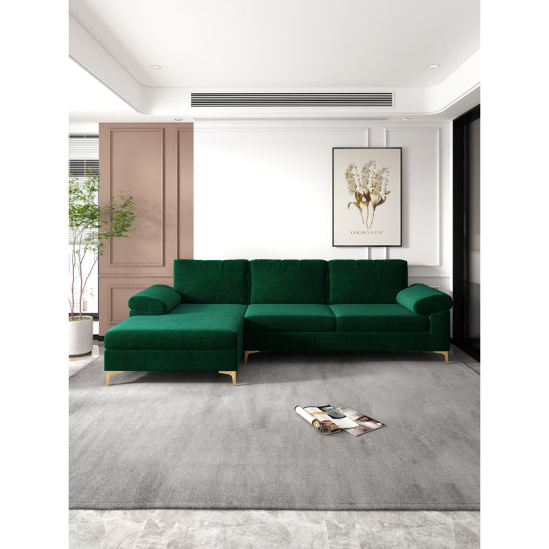 Canapé modulaire à gauche, Velours vert, Doré