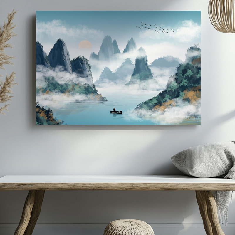 Toile, "Un paysage minimaliste serein avec une figure solitaire dans un art mural, petit bateau glissant doucement sur une rivière tranquille"
