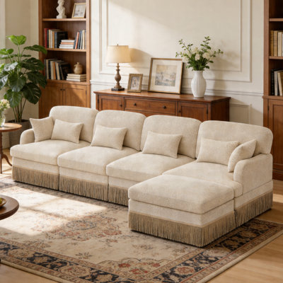 Canapé modulaire en chenille à imprimé léopard avec garniture de pampilles / coussins / repose-pieds rembourré rétro à 4 places pour petit espace, beige