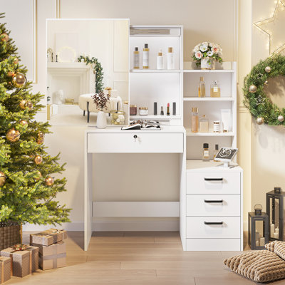 Lighted Makeup Vanity Table with Sliding Mirror and 4 Drawers, Modern MDF Dressing Desk with Hidden Storage Shelves for Bedroom