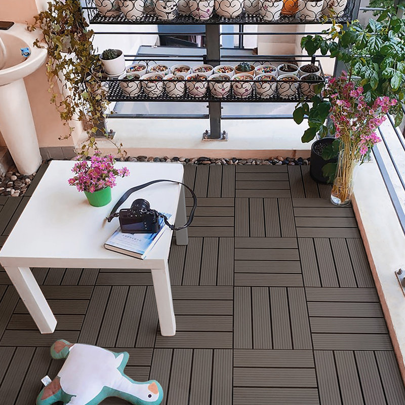Garden Decking Tiles, WPC Plastic Terrace Tiles,  Interlocking Flooring in Wood Look, Weather-Resistant, Indoor Outdoor Drainage Balcony Flooring, 1m²